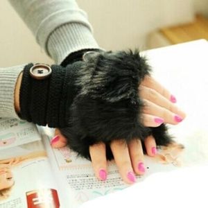 🌟Faux Fur Fingerless Knit Gloves-Black -New